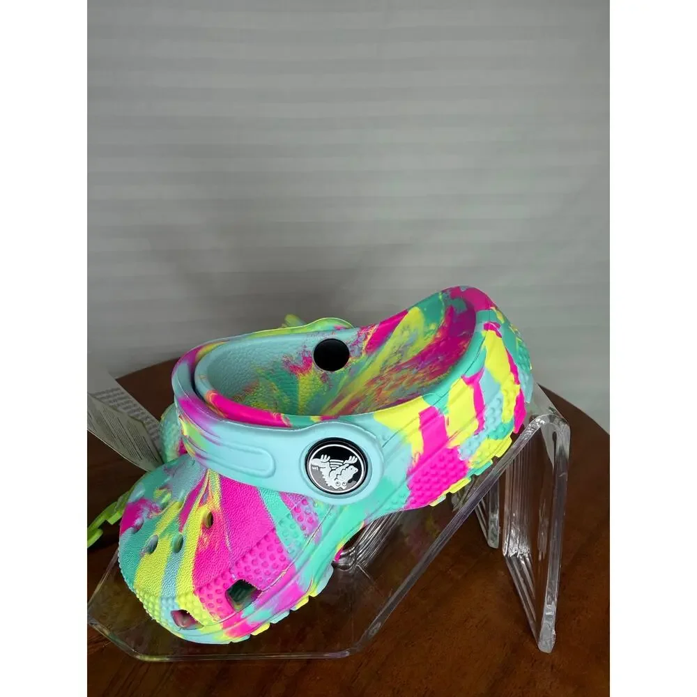 NWT Crocs Kids Classic Marbled Clog Neon Multi C7 Toddler New with Tags